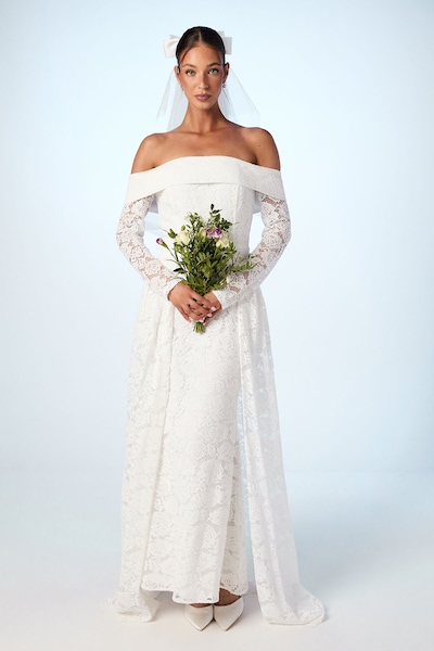 Coast Bardot Long Sleeve Lace Wedding Dress With Removeable Skirt Ivory