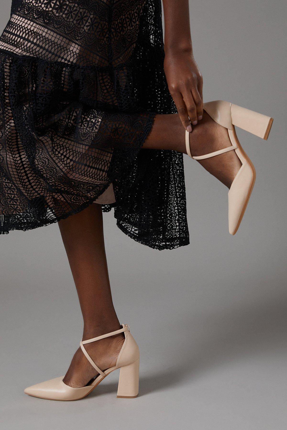 Coast Treat Faux Leather  Cross Strap Pointed Block Heel Court Shoes Nude image 3