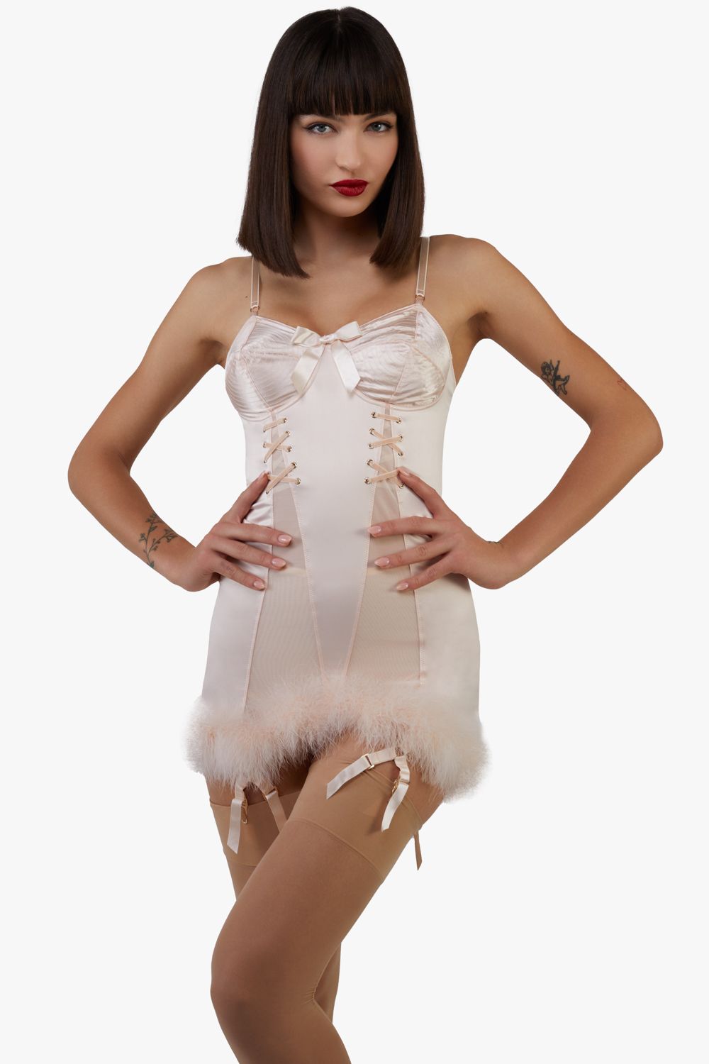Playful Promises Elsie Peach Spiral Cup Feather Hem Corselette Slip image 2