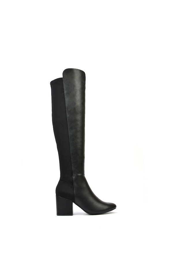 XY London ‘Falcon’ Black Knee High Boots Elasticated Calf Fit Mid Block Heel