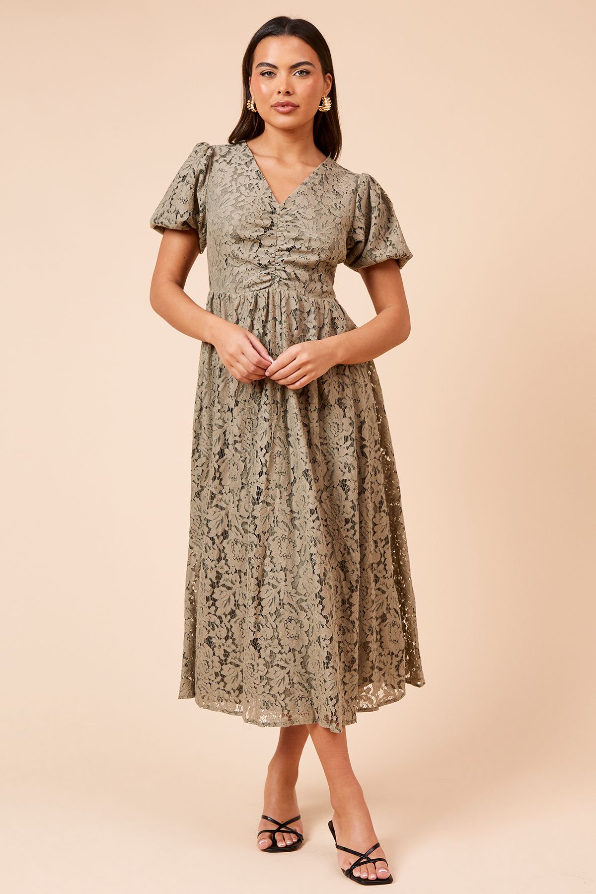 Dorothy Perkins Khaki Lace Ruched Front Midi Dress Khaki image 1