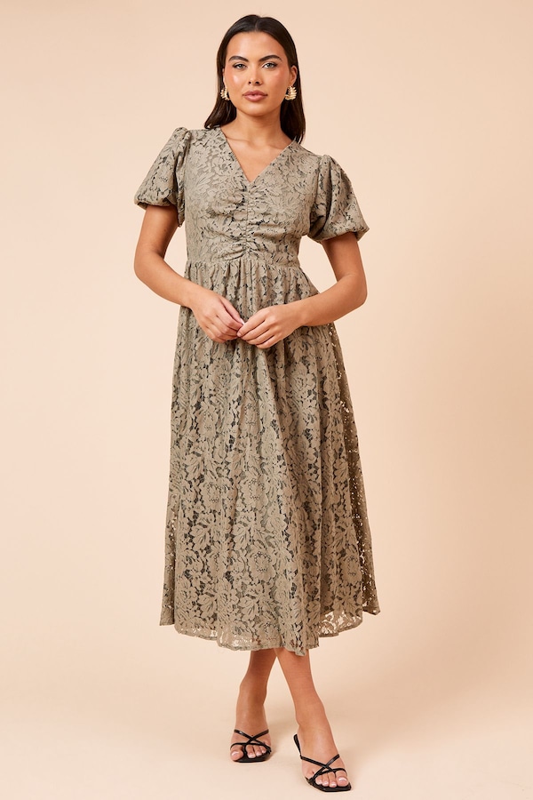 Dorothy Perkins Khaki Lace Ruched Front Midi Dress Khaki