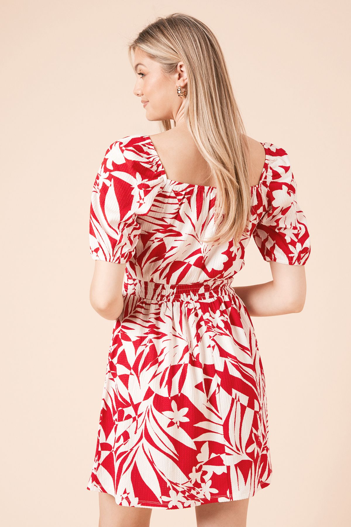 Dorothy Perkins Palm Puff Sleeve Ruched Bust Jersey Mini Dress Orange image 4