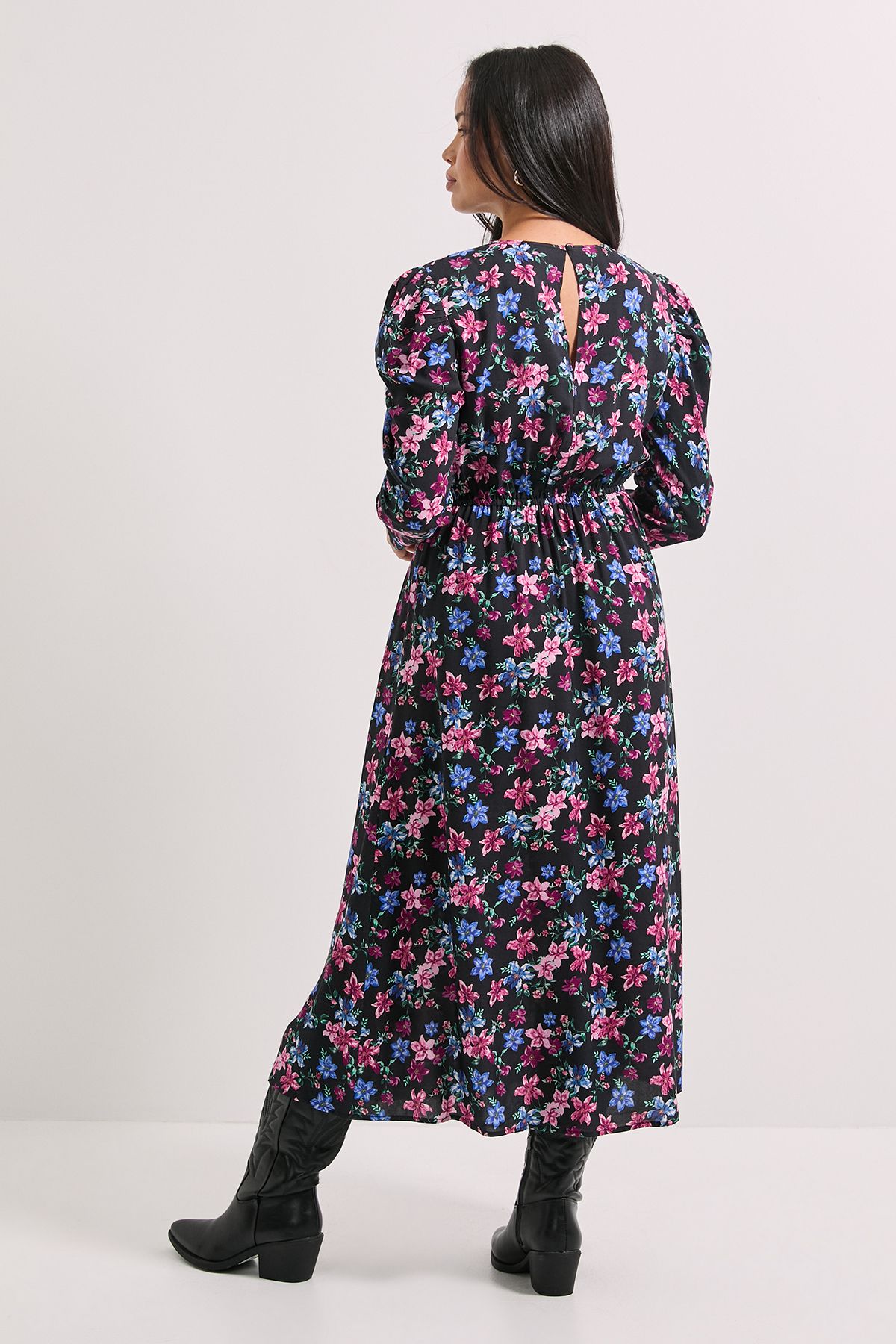 Dorothy Perkins Black Floral Lace Detail Long Sleeve Printed Midi Dress Floral image 3