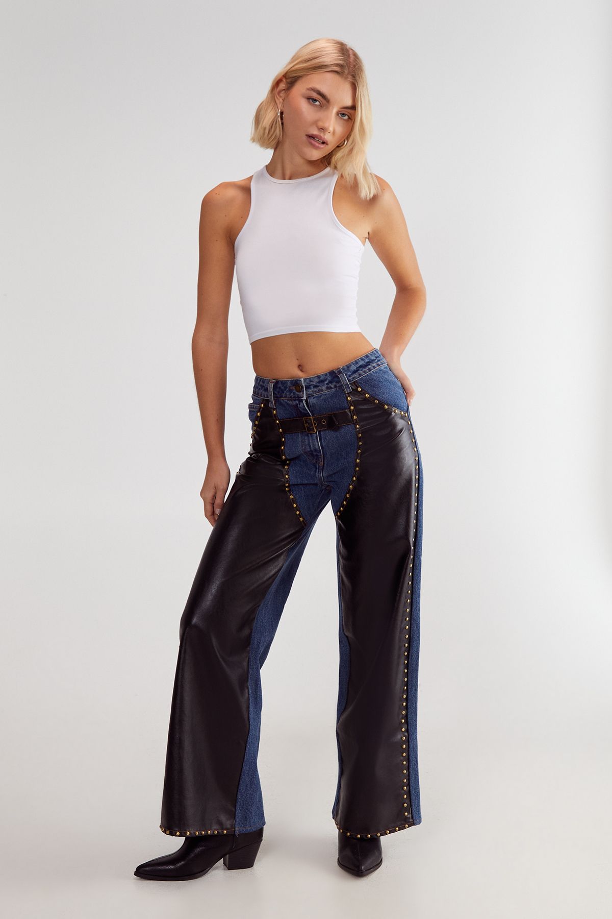 NastyGal Denim Pu Mix Chaps Dark Wash image 2