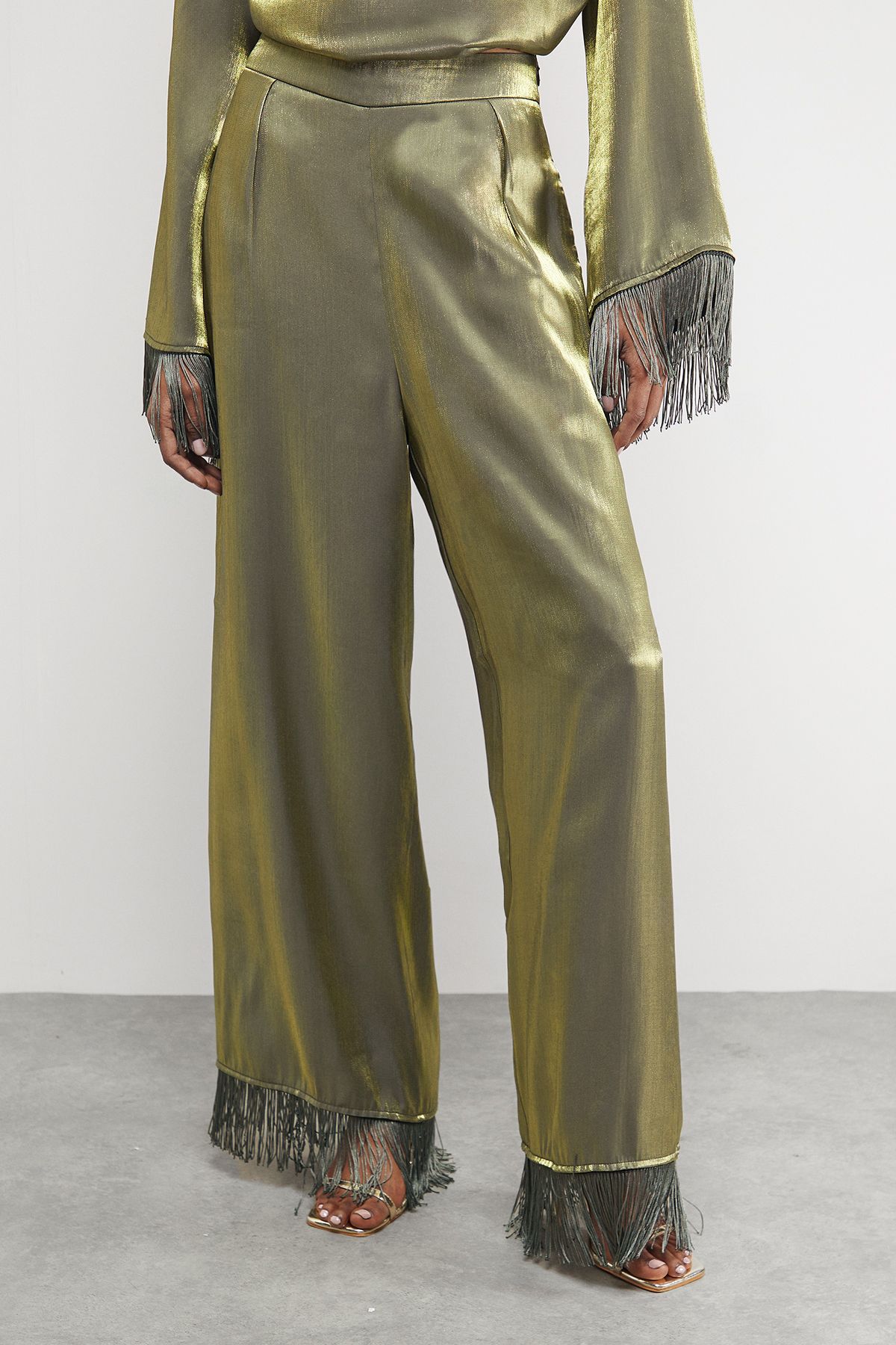 Warehouse Satin Fringe Hem High Waisted Trouser Dark Olive image 2