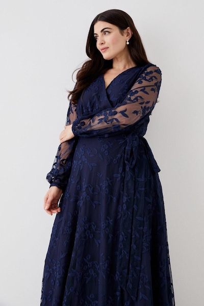 Coast Plus Size Embroidered Mesh Wrap Bridesmaids Dress Navy