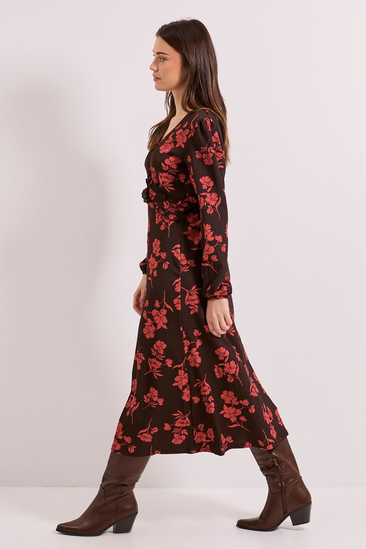 Dorothy Perkins Burgundy Floral V Neck Empire Seam Blouson Sleeve Jersey Midi Dress Burgundy image 4