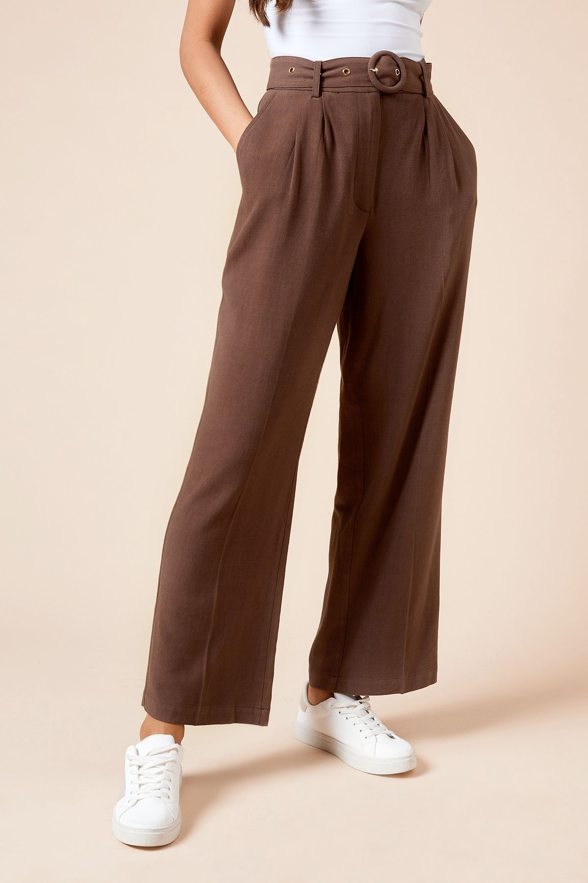 Dorothy Perkins Petite Belted Wide Leg Trouser Chocolate image 1