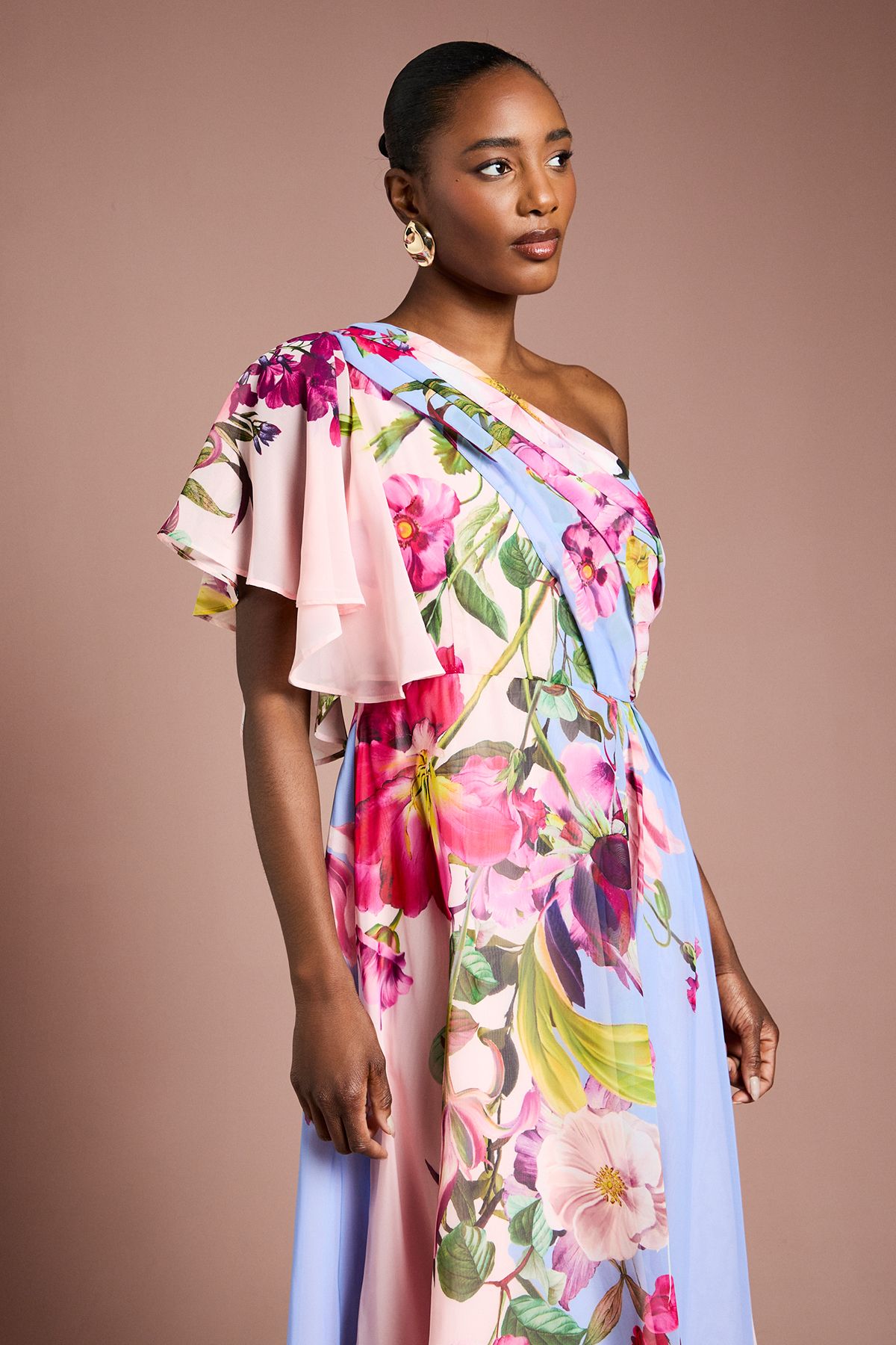 Coast One Shoulder Floral Printed Chiffon Dress Light Blue image 2