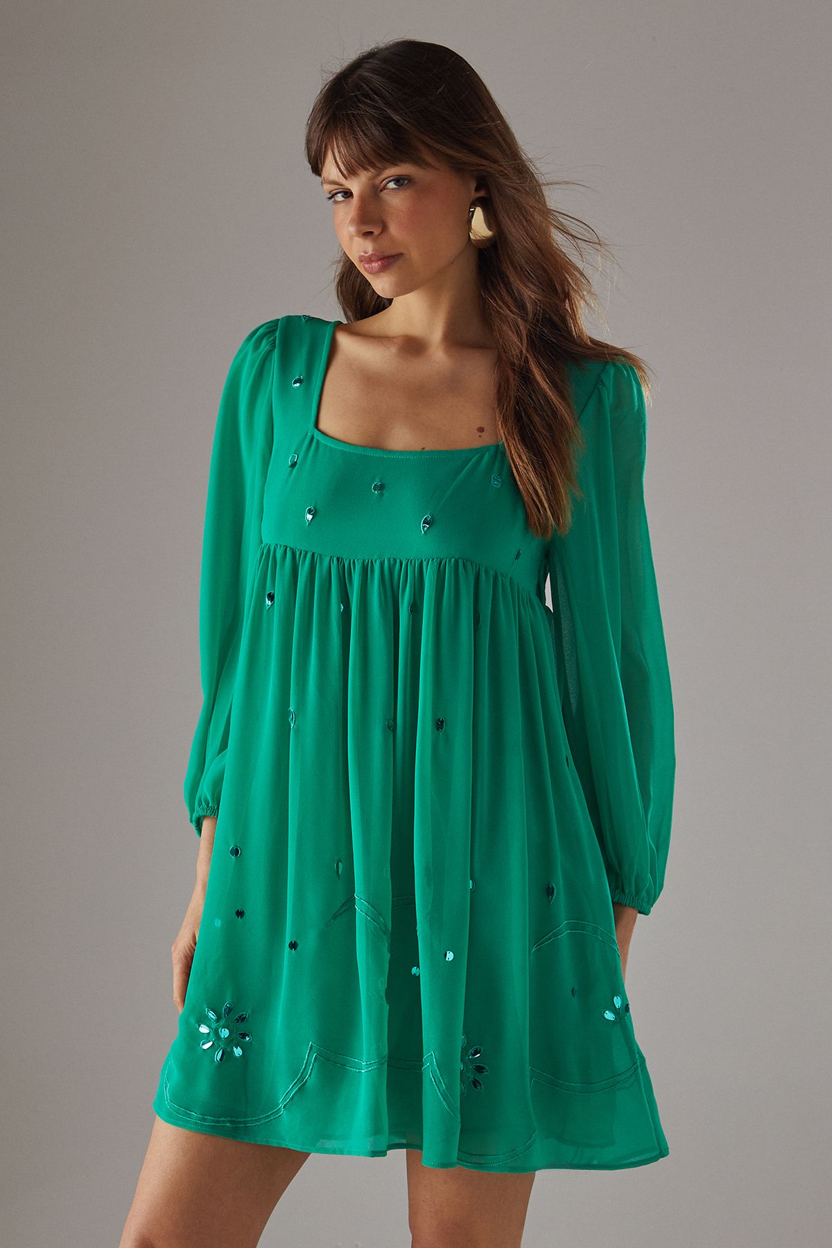 Warehouse Hand Embellished Sequin Square Neck Mini Dress Green image 1