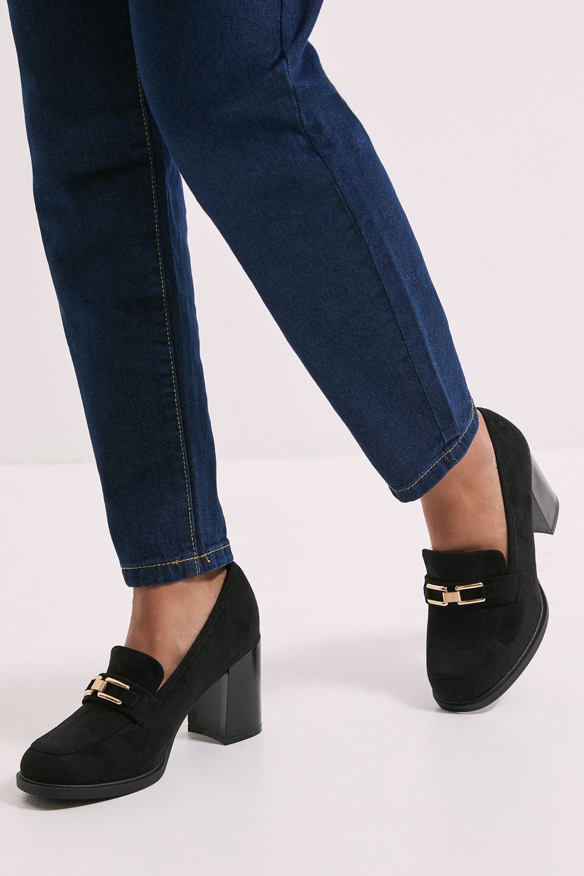 Dorothy Perkins Wide Fit Benita Faux Suede Snaffle Detail High Block Heeled Loafers Natural Black image 2