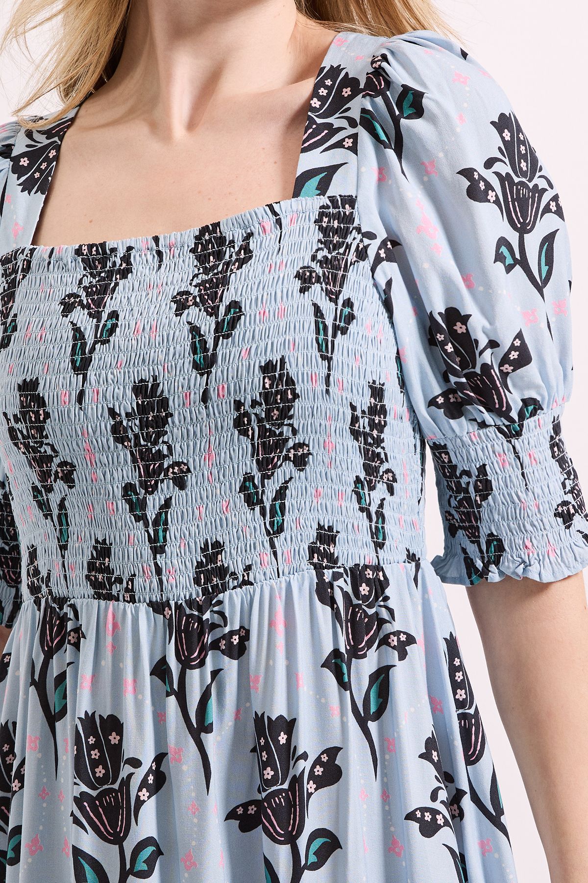 Dorothy Perkins Blue Floral Shirred Bodice Puff Sleeve Square Neck Midi Dress Blue image 5