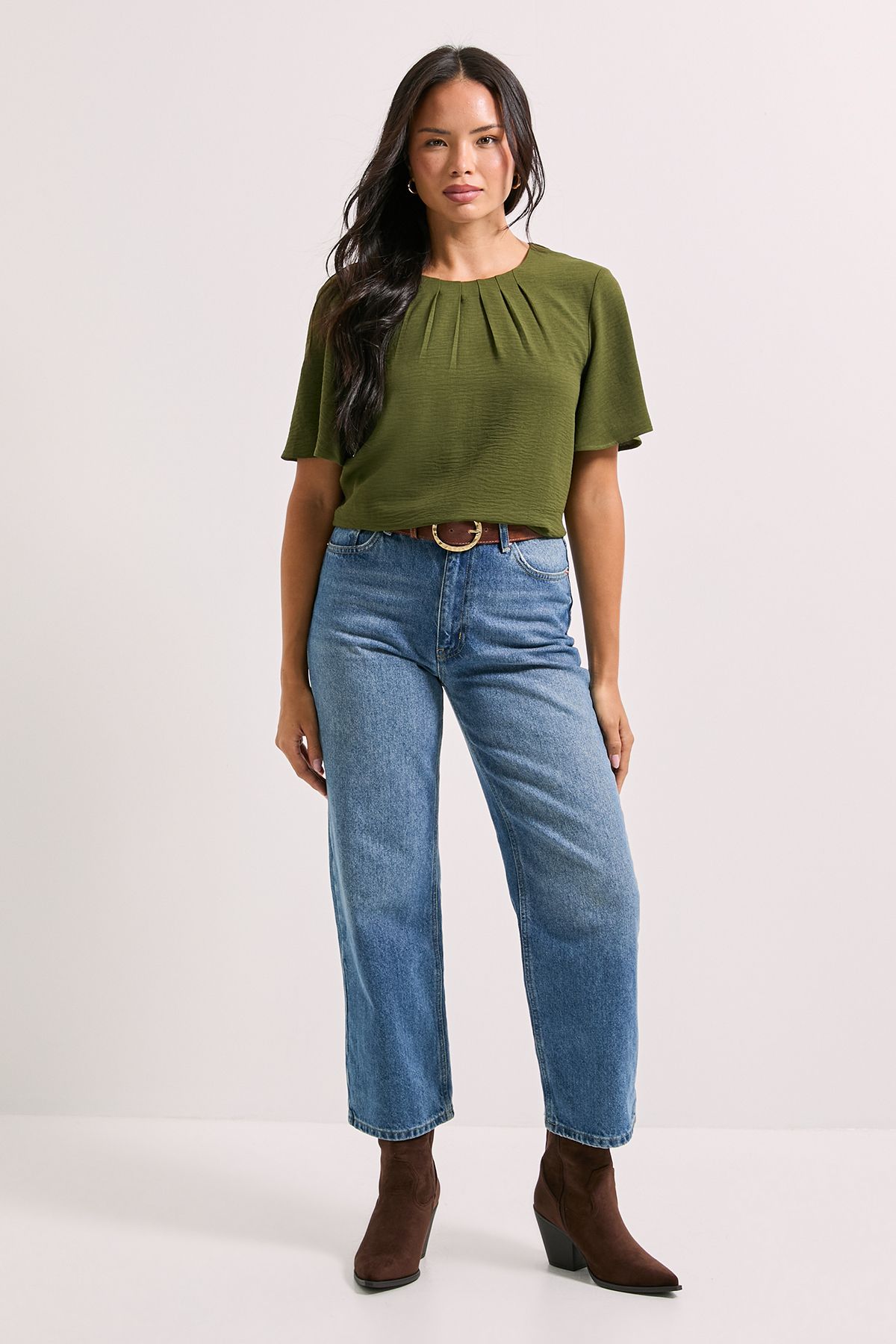 Dorothy Perkins Gathered Neckline Angel Sleeve Blouse Khaki image 2