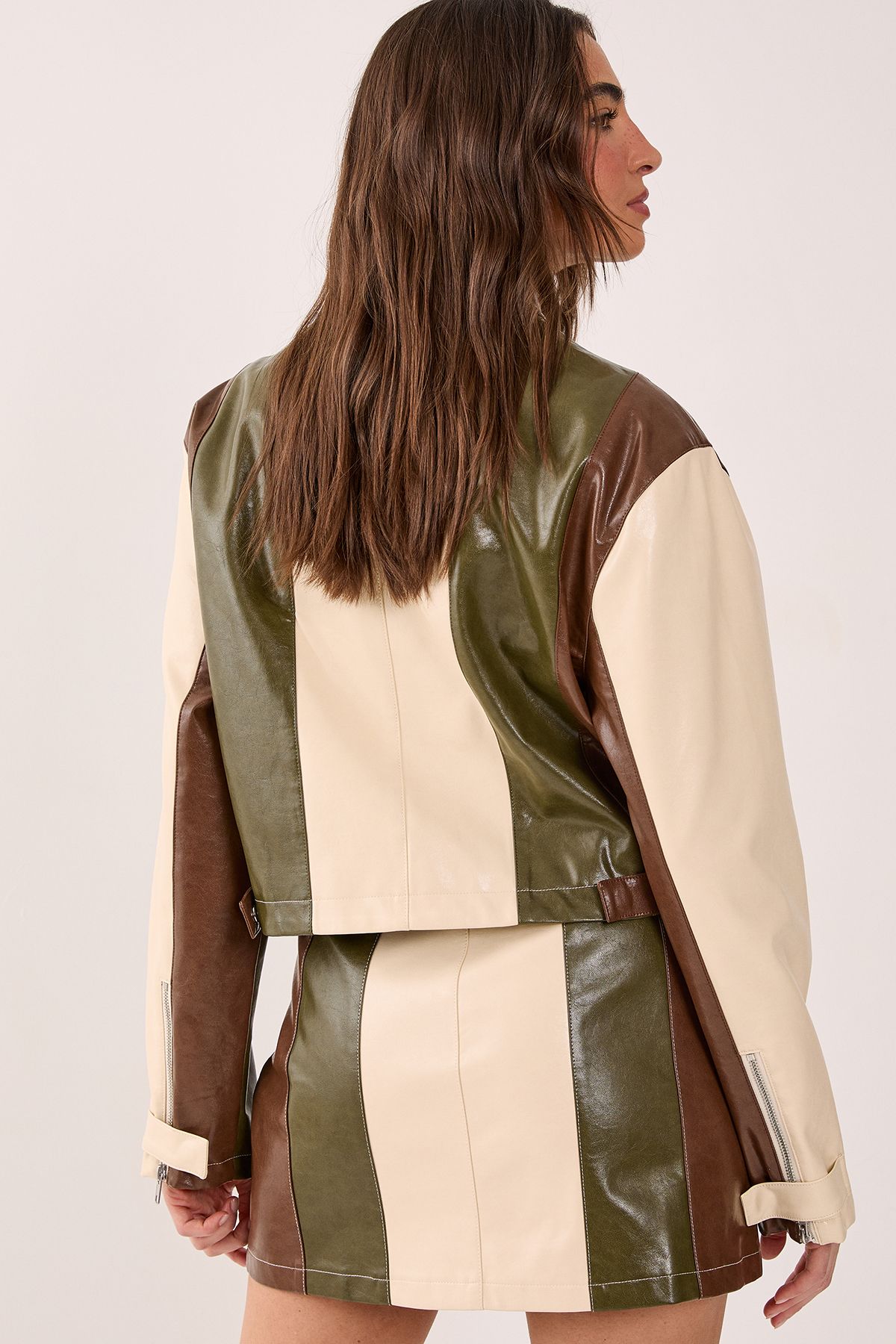NastyGal Panelled Colour Block Faux Leather Biker Jacket Cream image 3