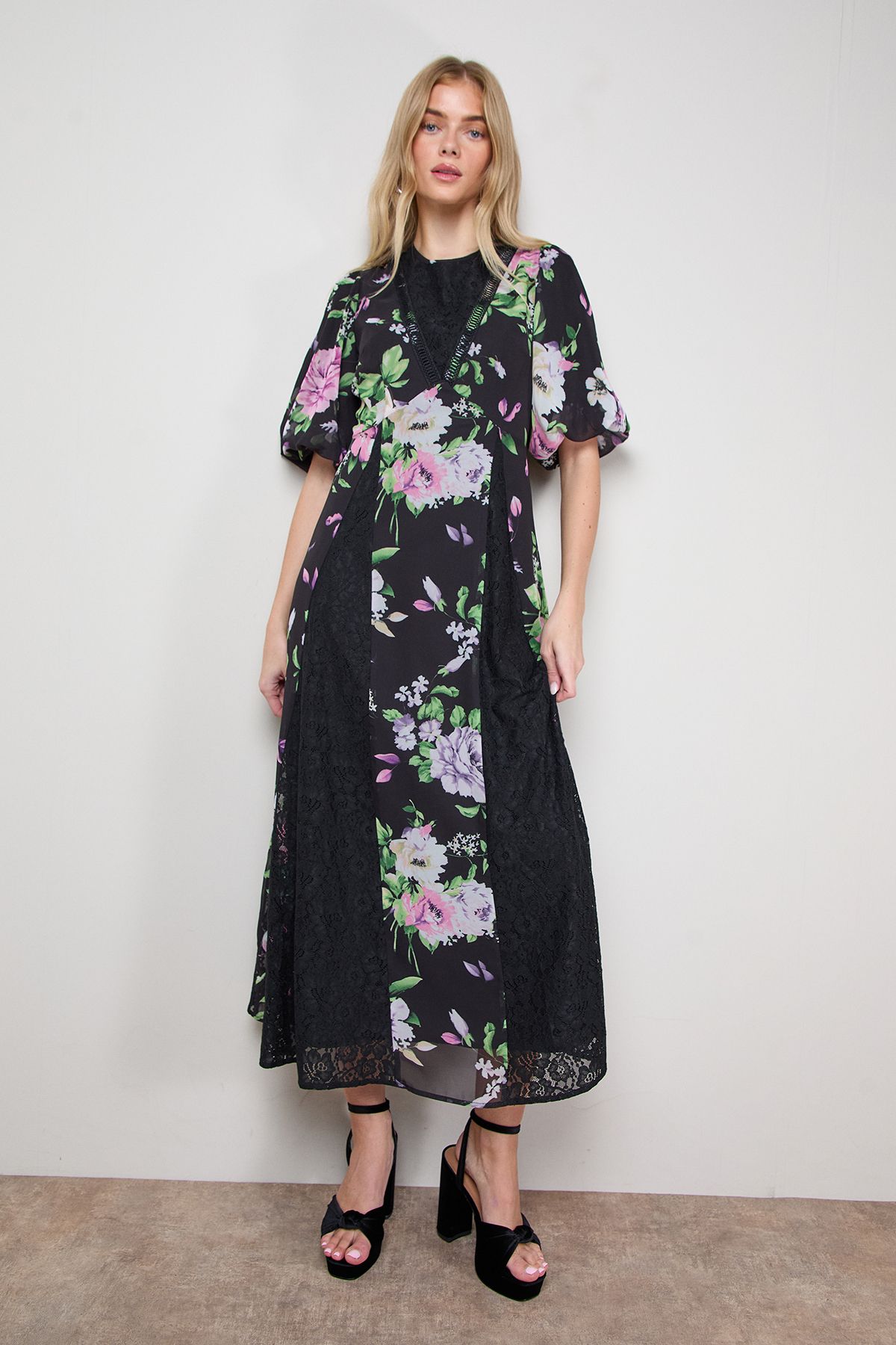 Oasis Lace Fit and Flare Midi Dress Black