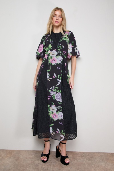 Oasis Lace Fit and Flare Midi Dress Black