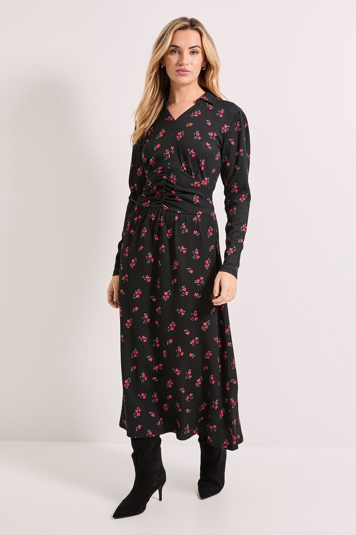 Dorothy Perkins Floral Collared Shirred Back Long Sleeve Jersey Midi Dress Floral image 1
