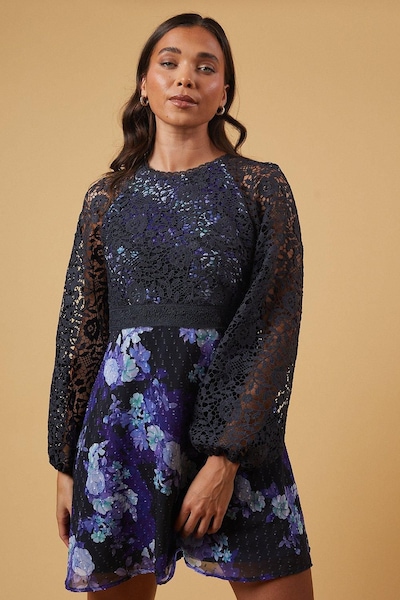 Oasis Petite Occasion Floral Lace Bodice Mini Dress Navy
