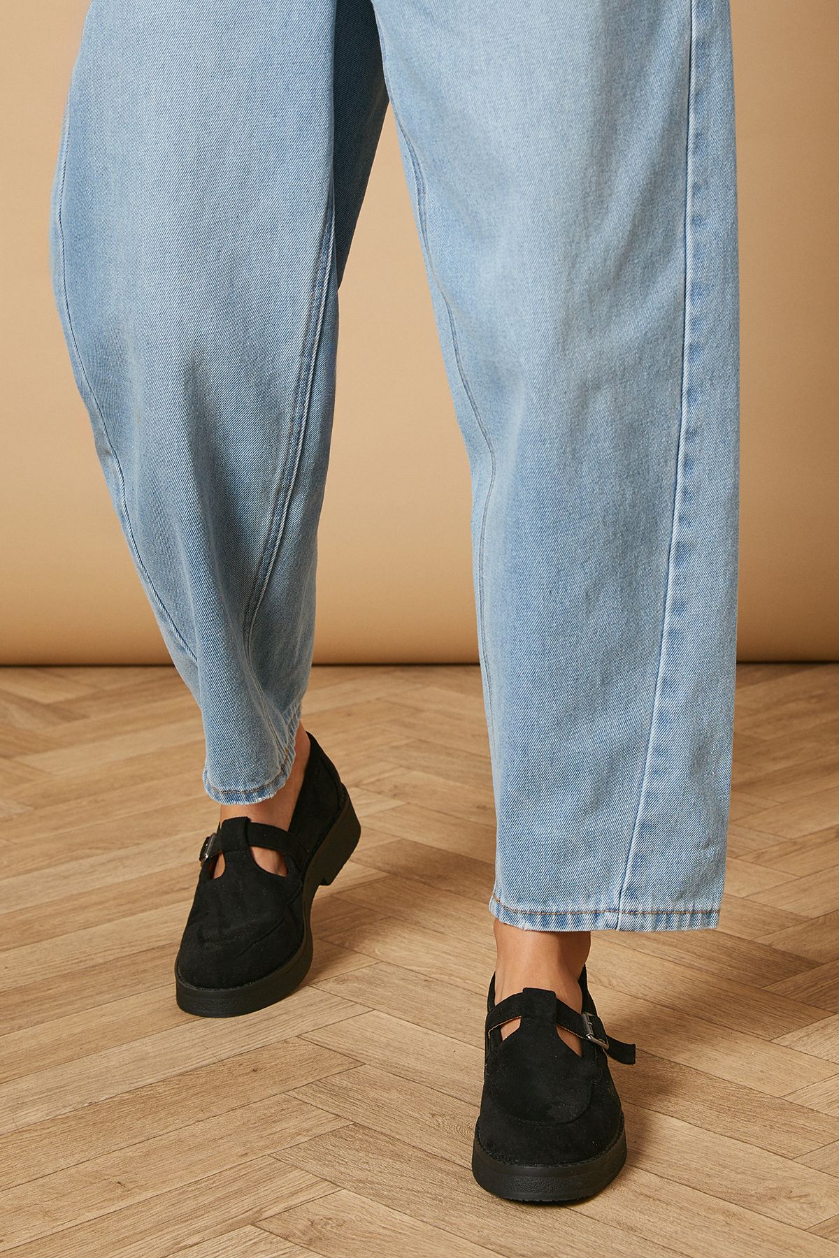 Oasis Edna Faux Suede T-Bar Chunky Casual Shoes Natural Black image 3