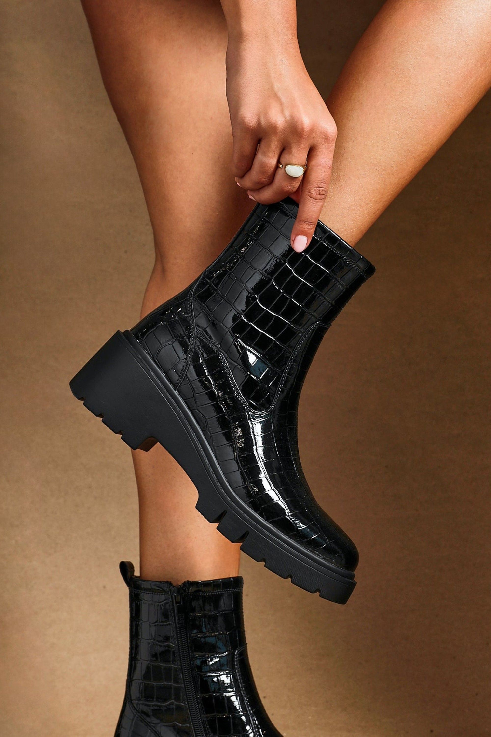 Linzi Limited Black Faux Croc Leather Ankle Boot image 2