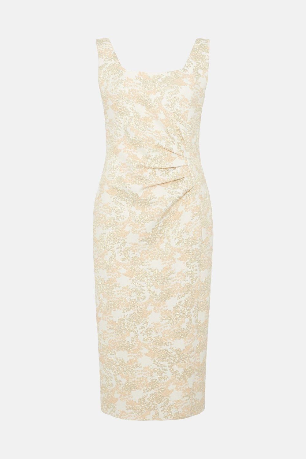 Coast Premium Stretch Jacquard Ruche Side Pencil Dress Gold image 4