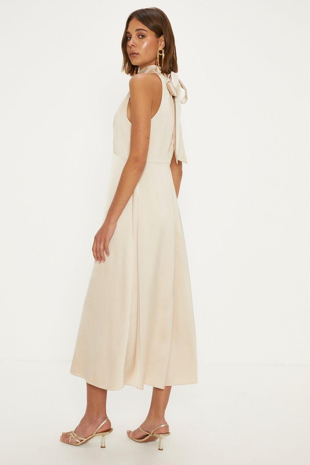 Oasis Oasis By Coast Satin Halter Neck Midi Bridesmaid Dress Champagne image 3