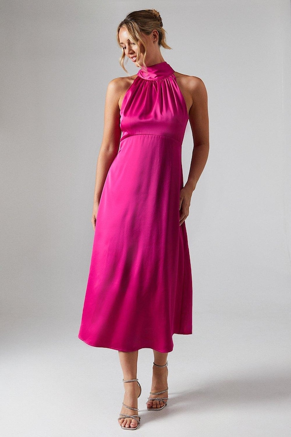 Oasis Satin Halter Neck Midi Bridesmaids Midi Dress Bright Pink