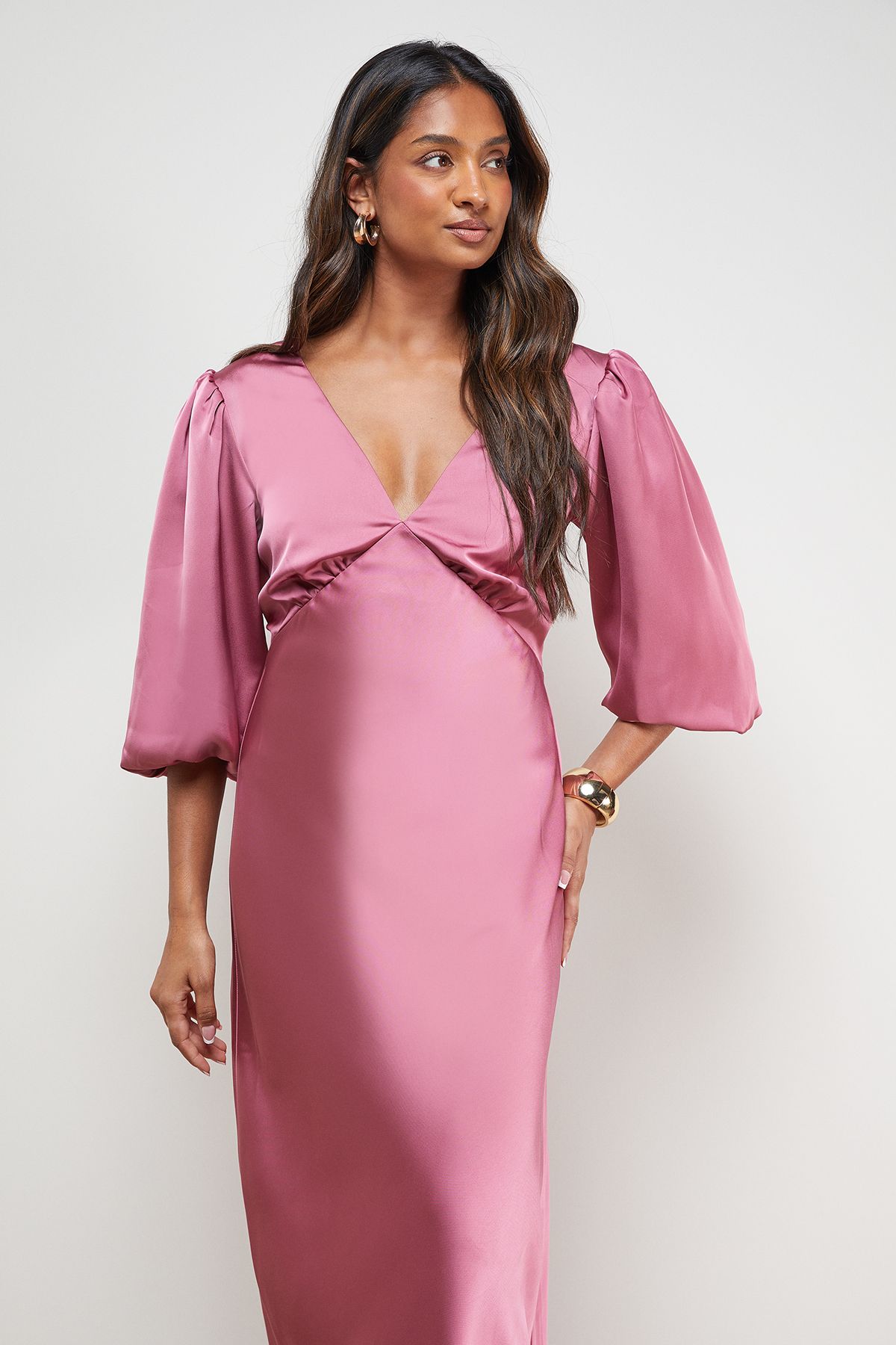 Oasis Satin V Neck Balloon Sleeve Bias Midi Dress Rose image 2