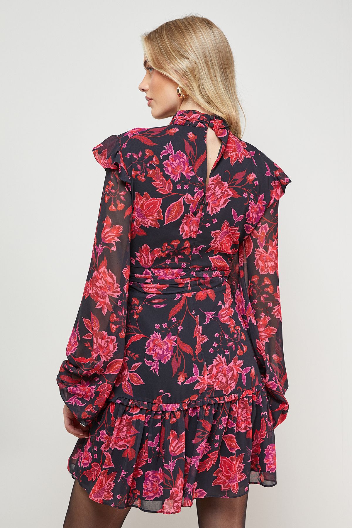 Oasis Printed Ruched High Neck Mini Fit And Flare Dress Floral image 5