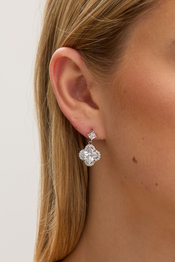 Jon Richard Rhodium Plated and Cubic Zirconia Clover Drop Earrings
