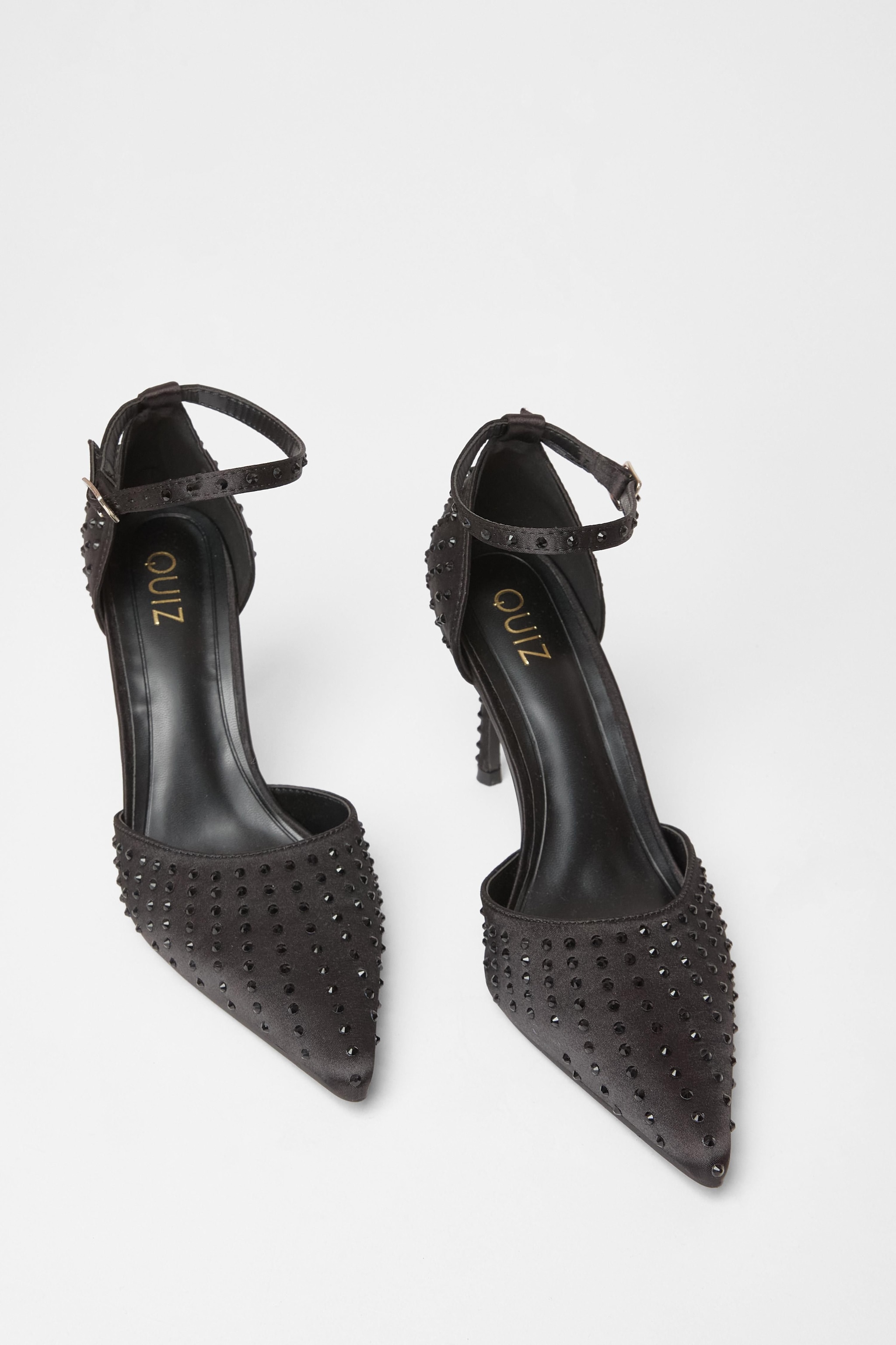Quiz Black Satin Diamante Court Heels image 2