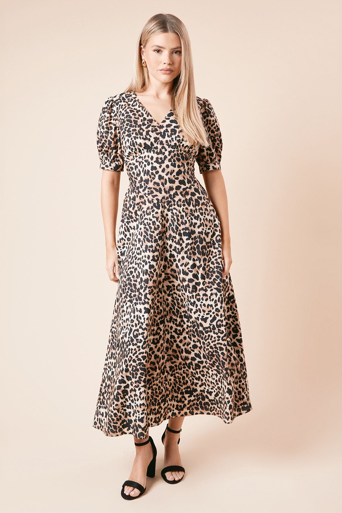 Dorothy Perkins Leopard Dropped Waist Poplin Short Sleeve Midi Dress Leopard image 1