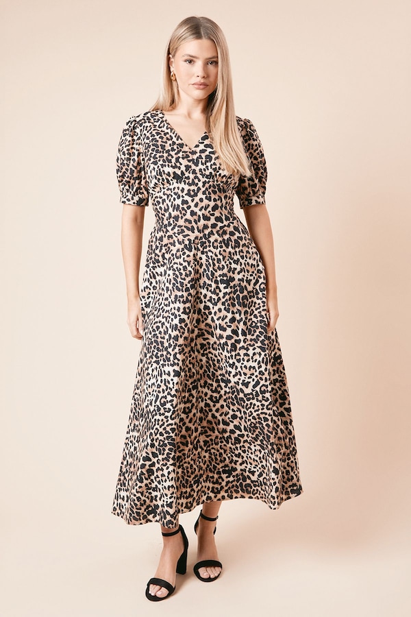 Dorothy Perkins Leopard Dropped Waist Poplin Short Sleeve Midi Dress Leopard