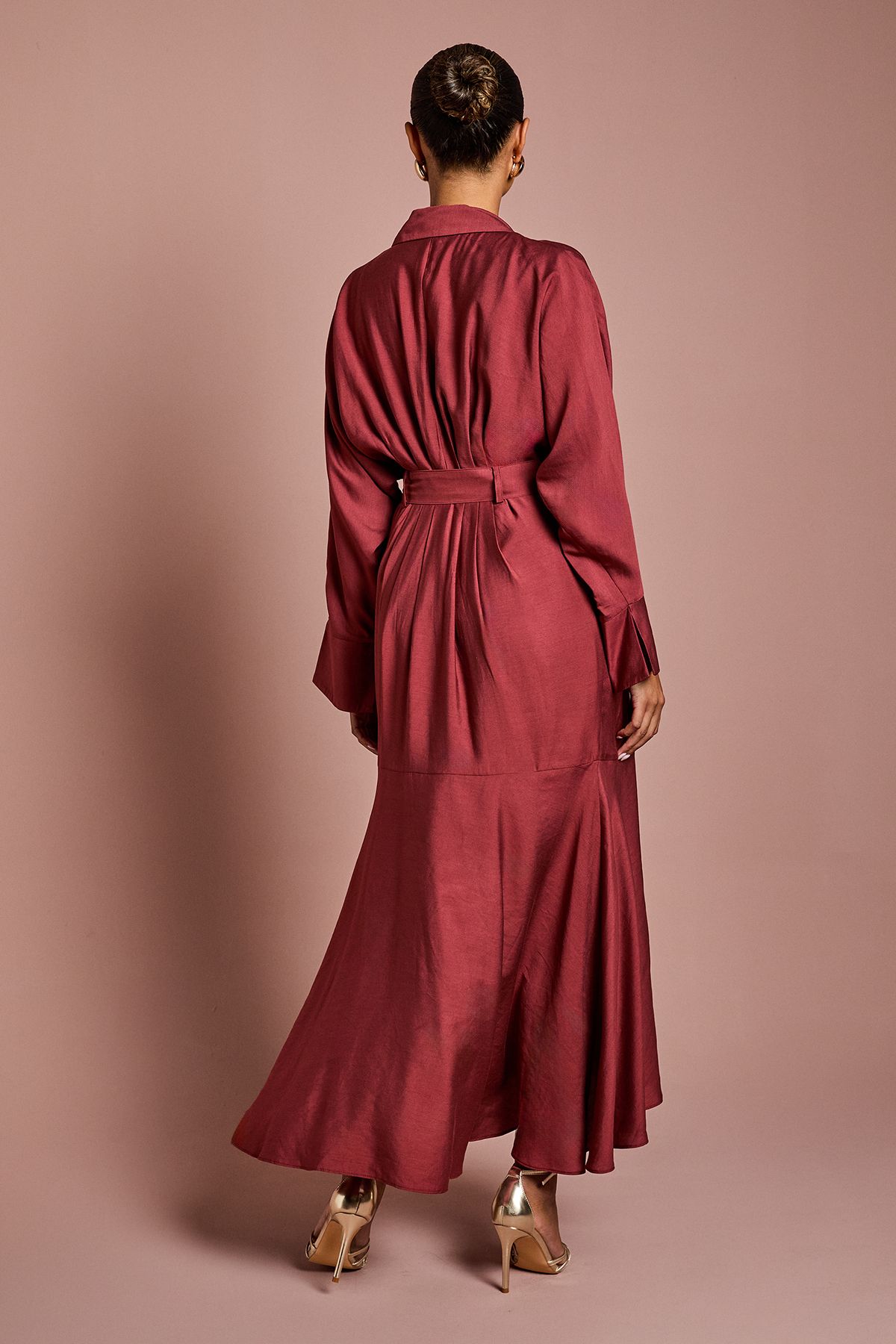 Coast Petite Twill Long Sleeve Wrap Dress With Belt Burgundy image 3