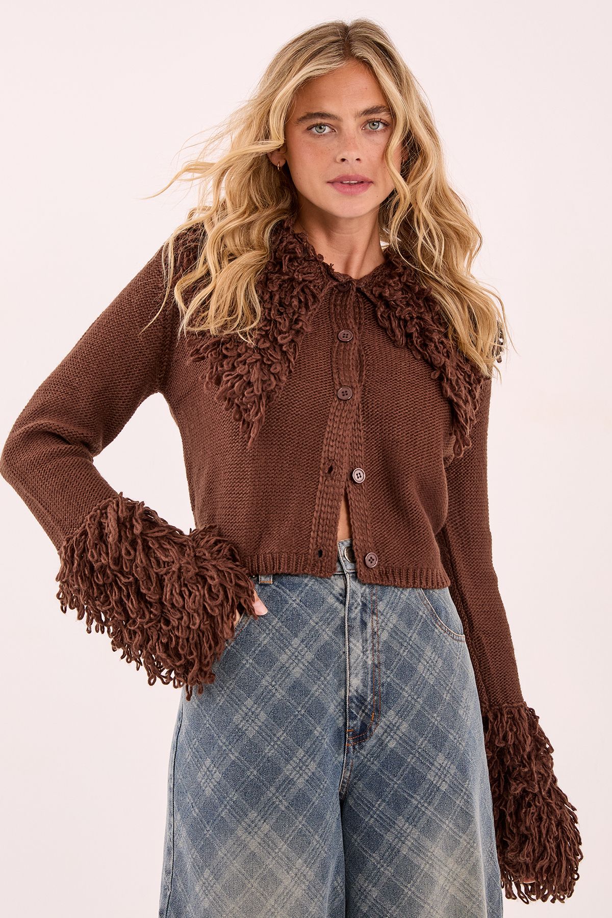 NastyGal Loopy Trim Collared Cardigan Chocolate image 1