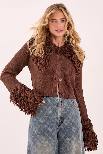 NastyGal Loopy Trim Collared Cardigan Chocolate