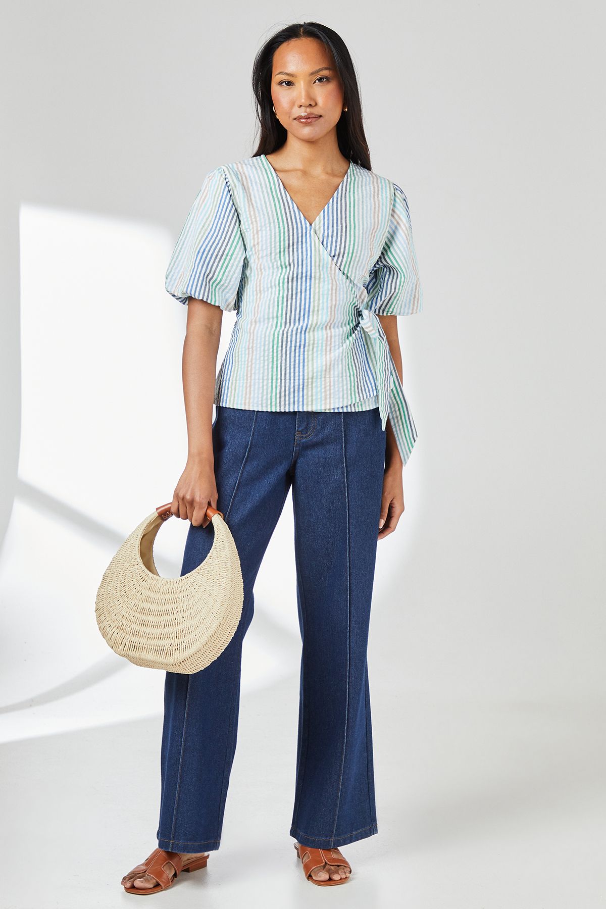 Principles Green Stripe Puff Sleeve Wrap Top Green image 2