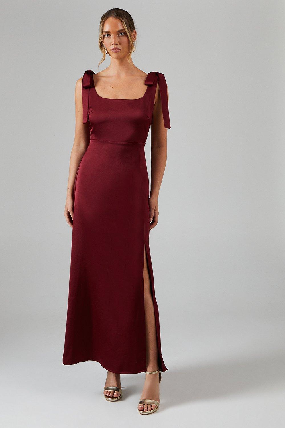 Oasis Satin Tie Shoulder Midi Bridesmaids Dress Wine image 1