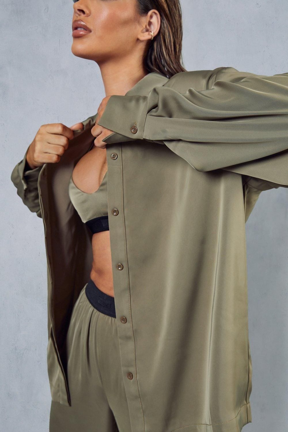 MissPap Premium Satin Oversized Shirt Khaki image 6
