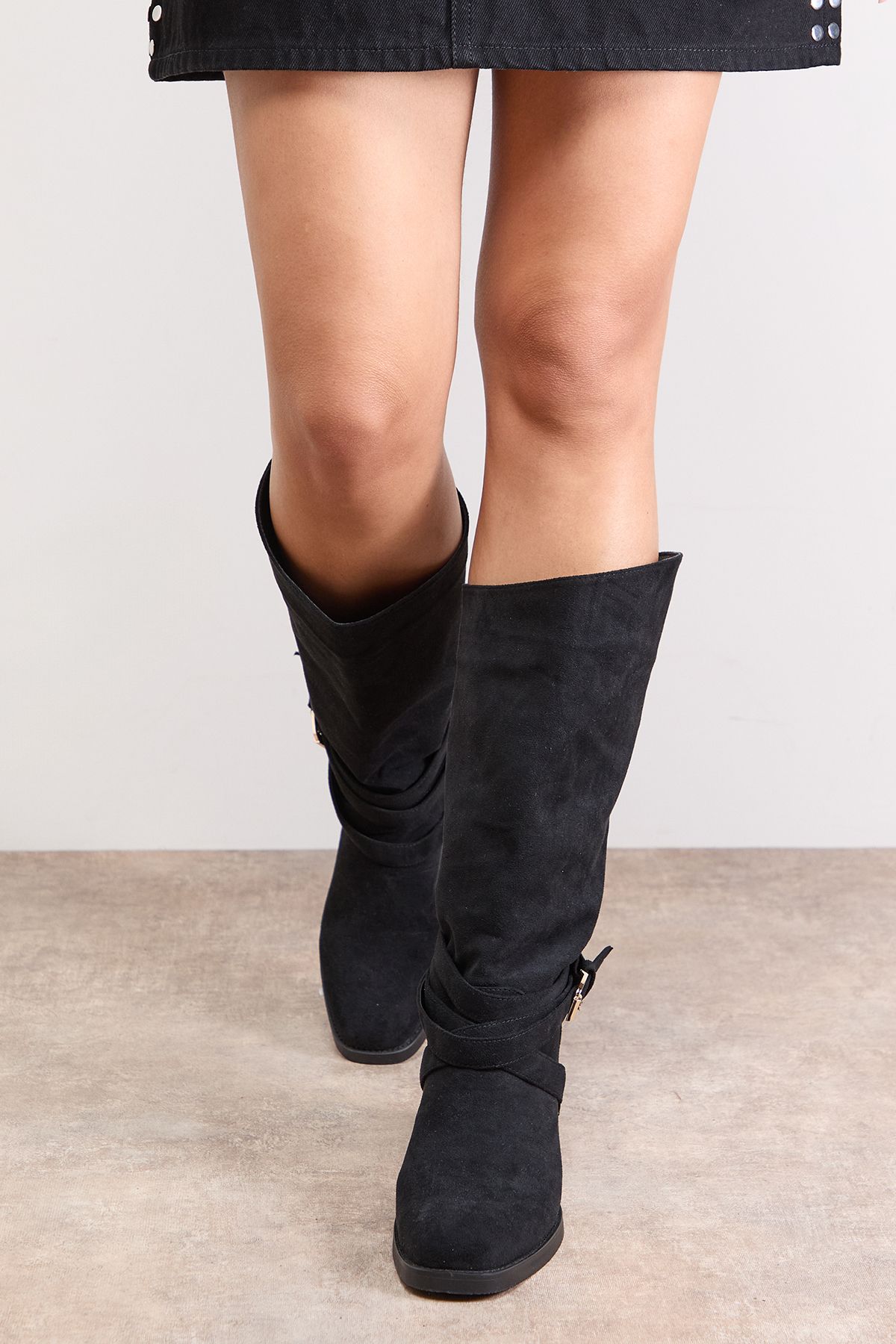 Oasis Ava Faux Suede Mid-Calf Buckle Boots Natural Black image 3