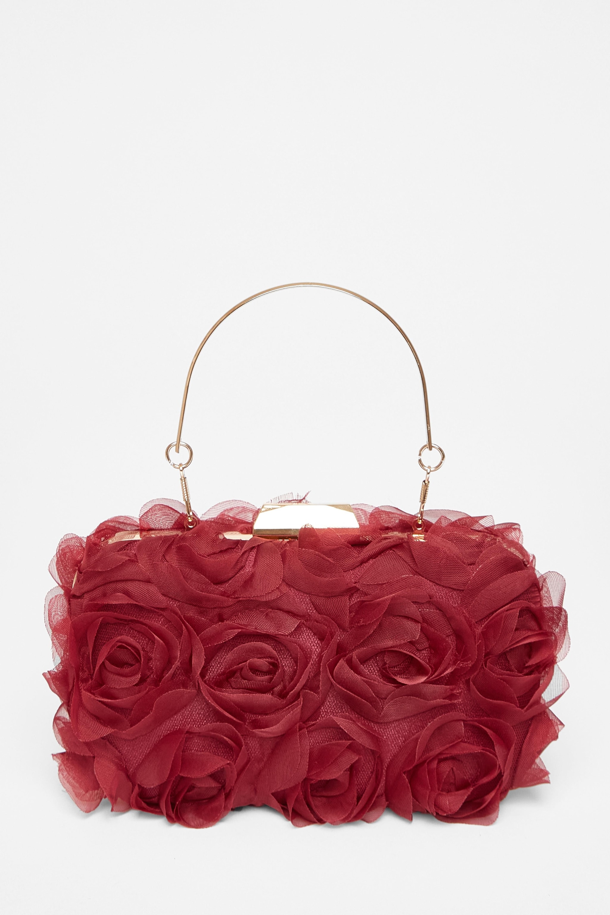 Quiz Burgundy Organza Rose Box Bag image 3