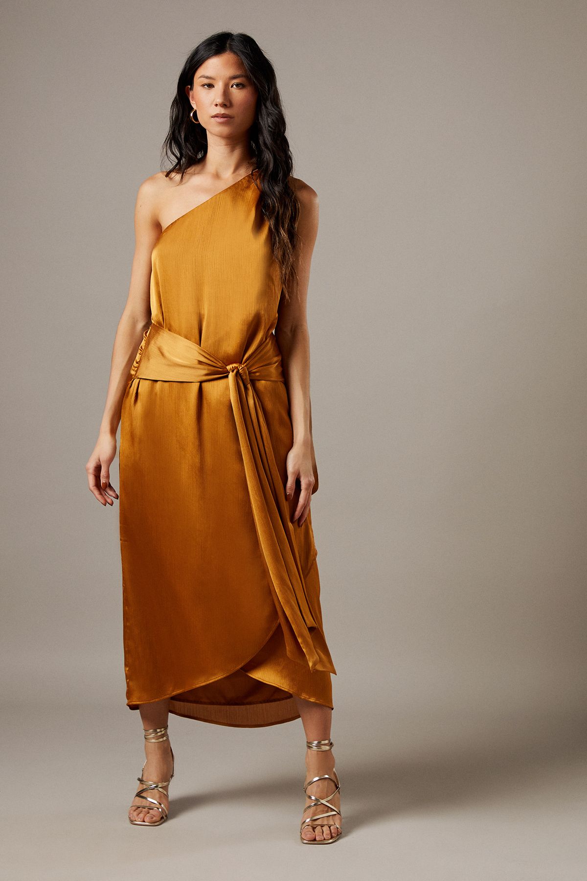 Warehouse Crinkle Chiffon One Shoulder Tie Front Midi Dresses Gold image 1