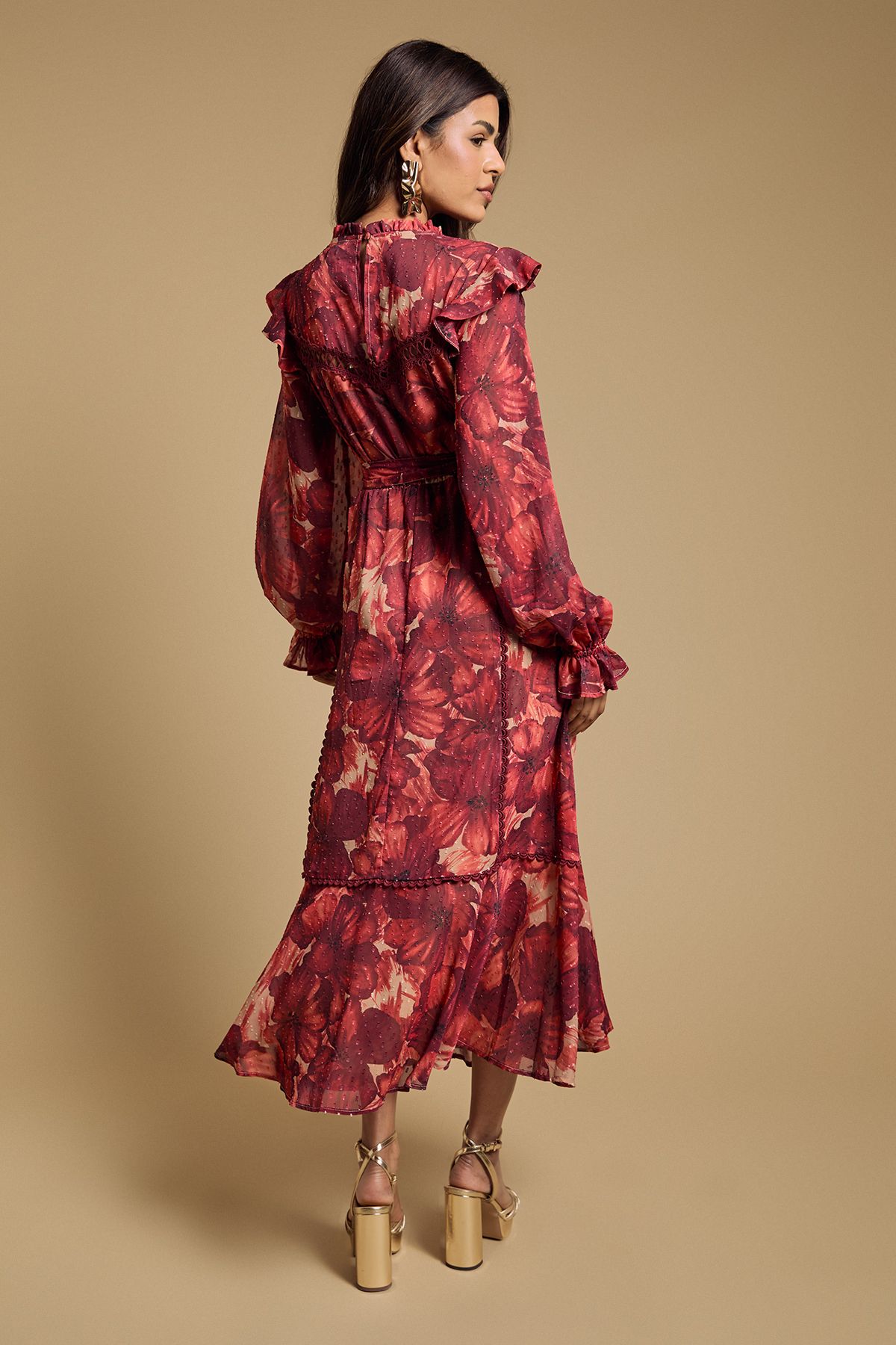 Oasis Petite Printed Dobby Chiffon Belted Waist Midi Dress Burgundy image 3