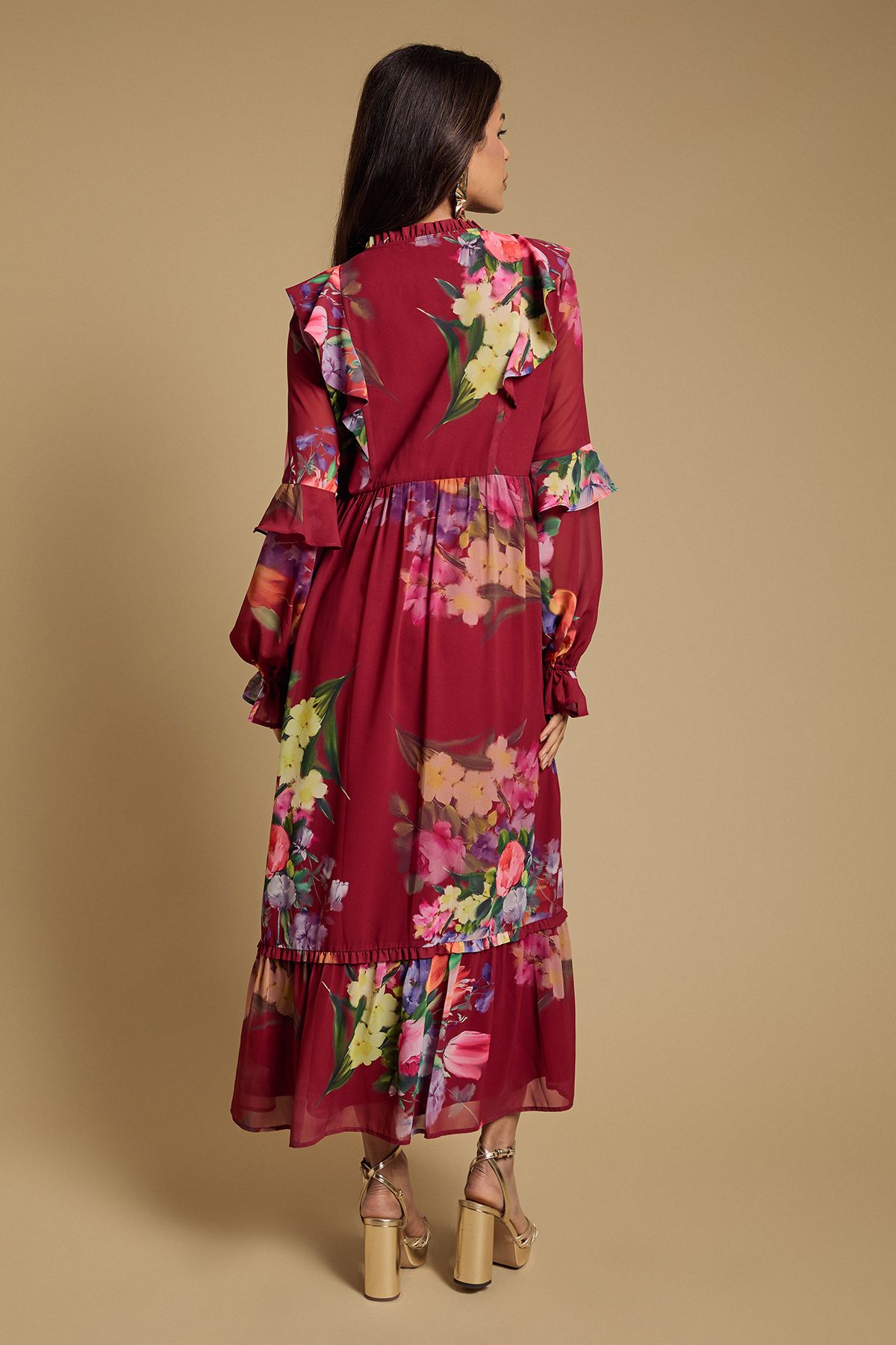 Oasis Petite Long Sleeve Ruffle Chiffon Tiered Maxi Dress Red image 3