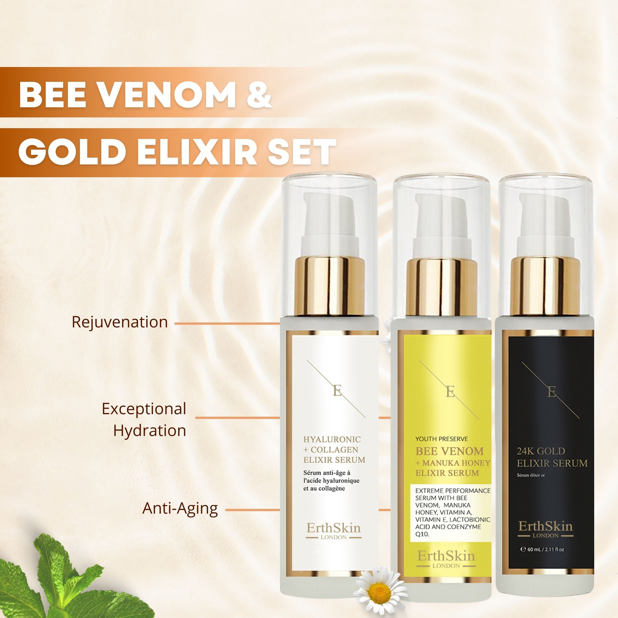 Erth Skin London Pro Age Serum Bundle: Bee Venom + Collagen + Gold Elixirs image 2
