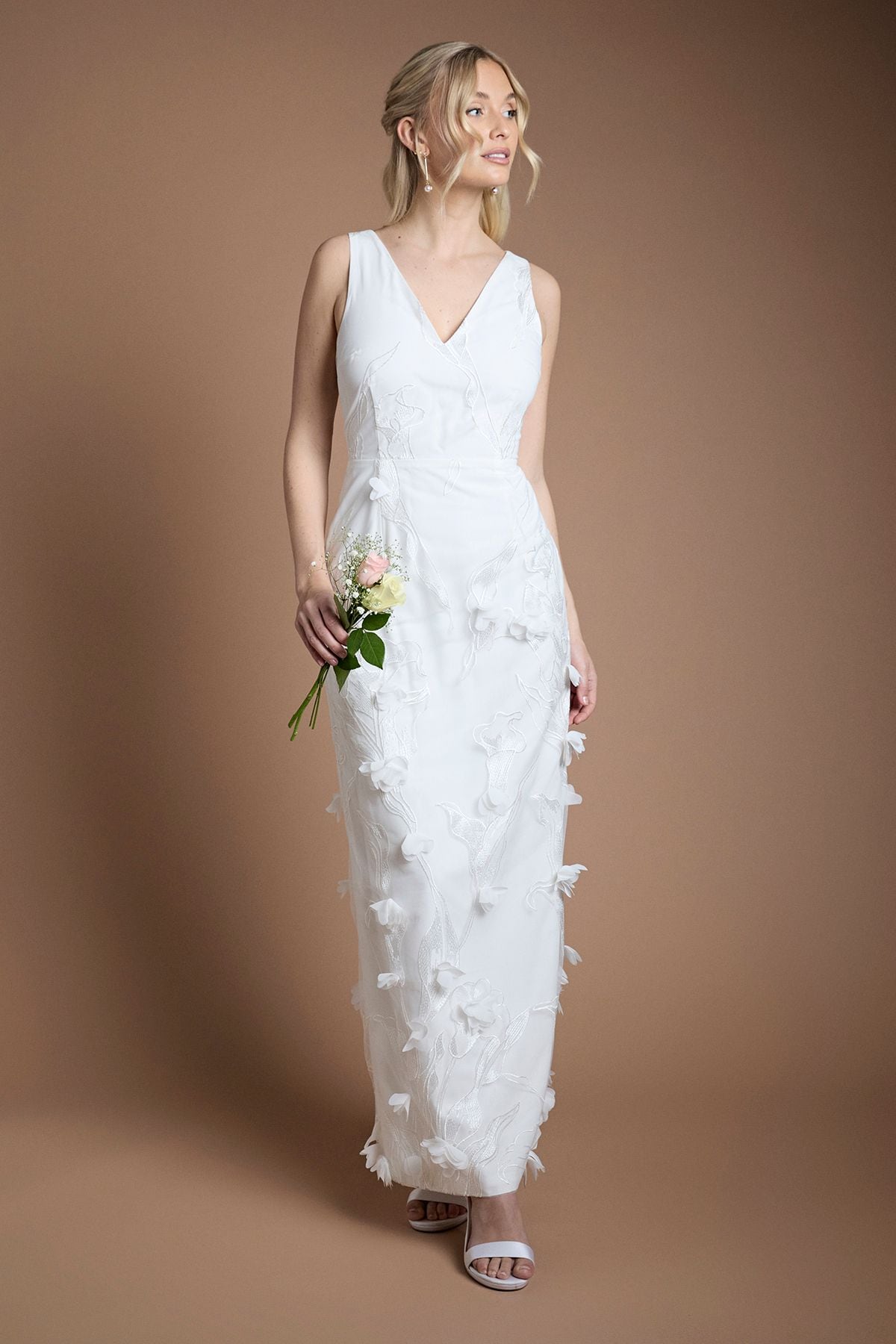 Oasis Applique V Neck Maxi Wedding Dress Ivory