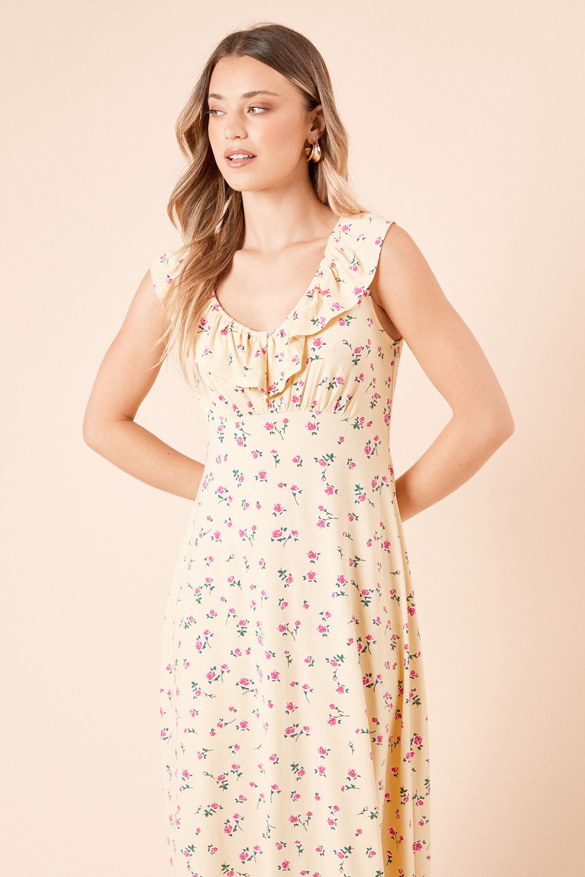 Dorothy Perkins Yellow Ditsy Frill Neck Empire Midi Dress Yellow image 2