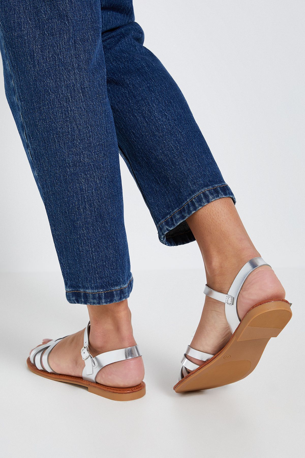 Dorothy Perkins Aida Faux Leather Cross Strap Flat Sandals Silver image 3