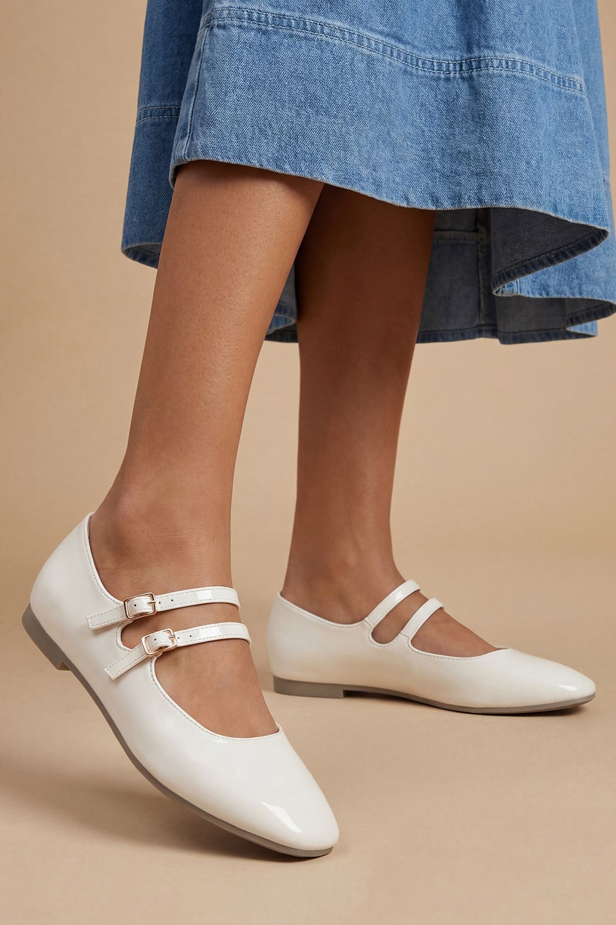 Dorothy Perkins Shirley Faux Patent Leather Double Buckle Flat Ballerinas White